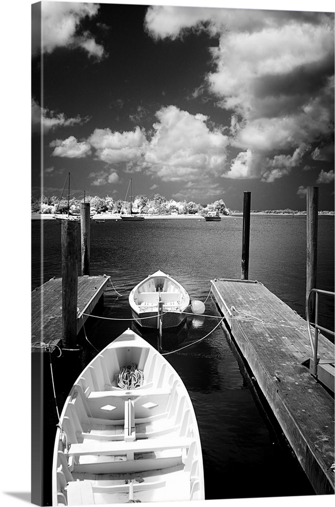 Black and white photograph of docked boats on Taylor's Creek in Virginia