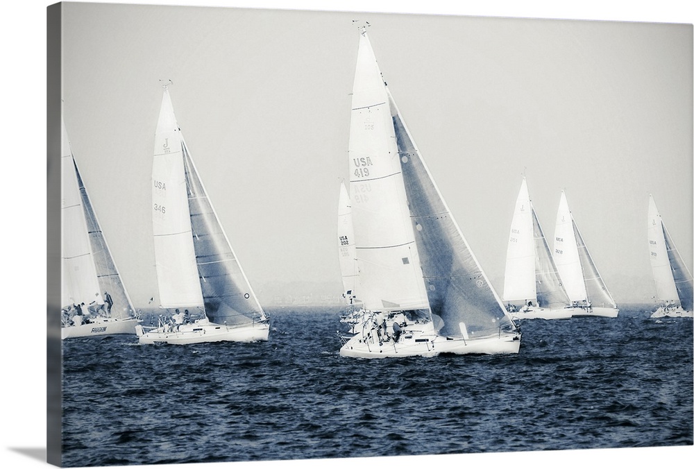 Big canvas photo of six sailboats racing on the ocean.