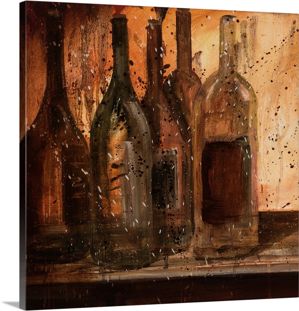 Square painting of neutral colored wine bottles with a paint splatter overlay.