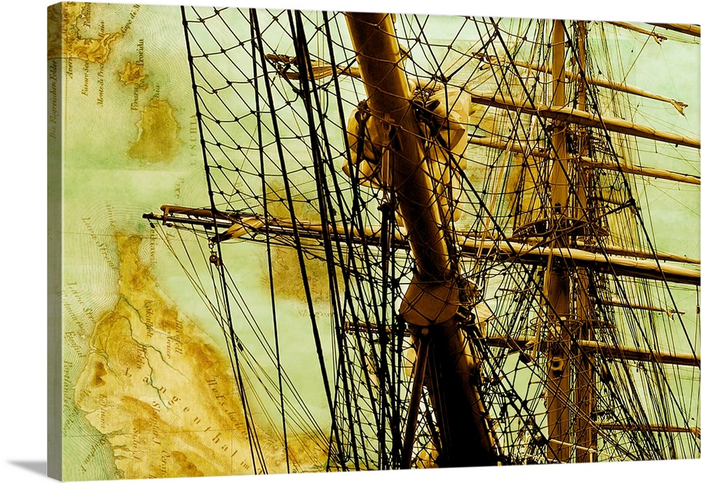 Close-up photograph of a sailboat mast with golden tones and a faded map in the background.