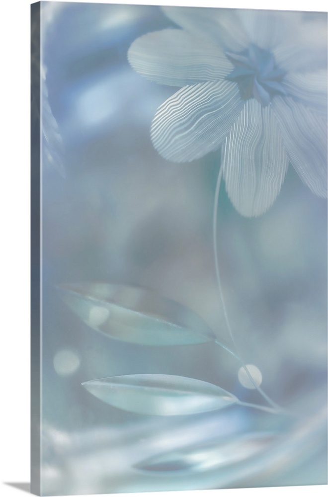 Three leaves with flower in pale blue.