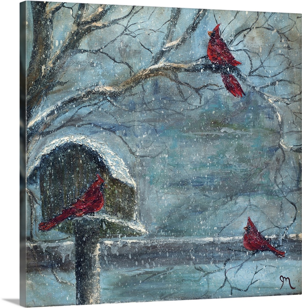 Square painting of three cardinals outside in the snow.