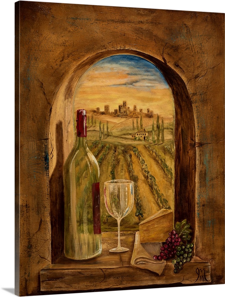 Contemporary painting of an Italian vineyard seen through a window with a bottle of wine, cheese, grapes, and a wine glass...
