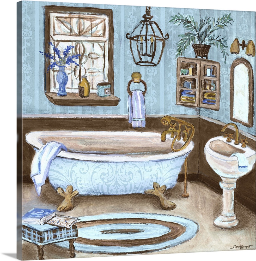 Square light blue and brown toned bathroom decor with a painting of a tranquil bathroom setting.