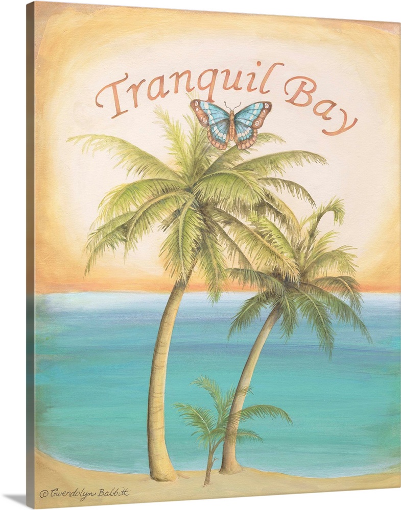 Painting of palm trees on a beach with a butterfly flying above and "Tranquil Bay" written at the top.