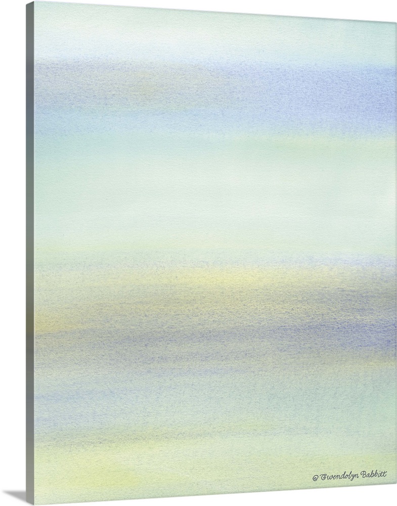 Abstract watercolor painting in pale tranquil blue, green, purple, and yellow hues.