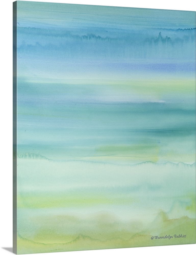 Abstract watercolor painting in tranquil blue, green, and yellow hues.