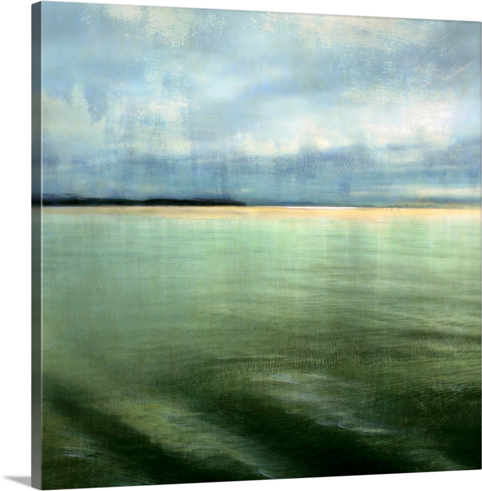 Big square canvas art shows calm waters in the foreground slowly hitting the beach in the background on a sunny day.