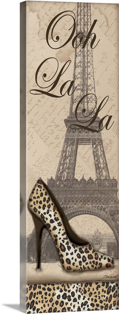 Tall and skinny decor with an illustration of the Eiffel Tower in the background and a cheetah print high heel shoe on top...