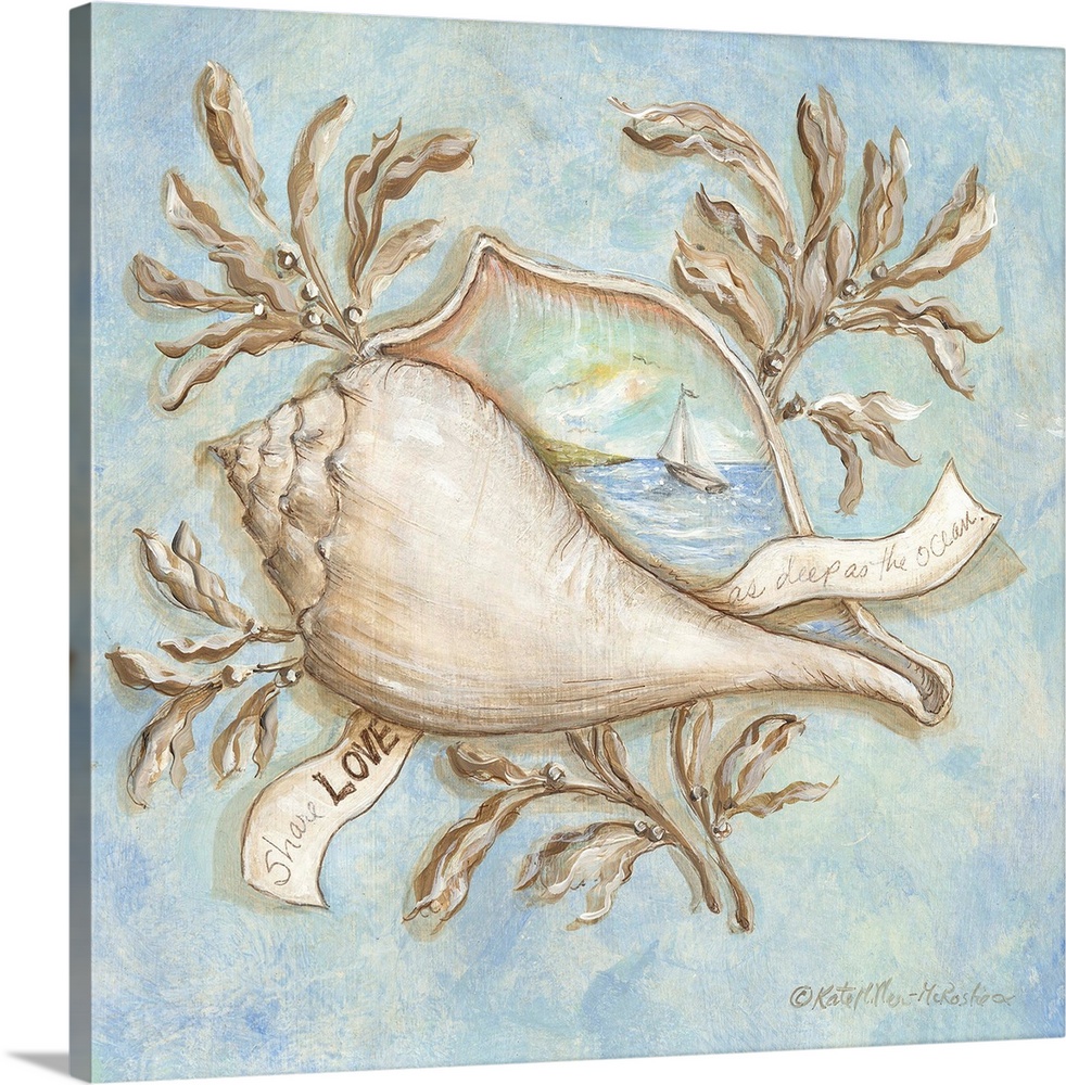 Square painting of a conch shell with an ocean landscape and sailboat painted on it and a banner reading "Share Love as De...