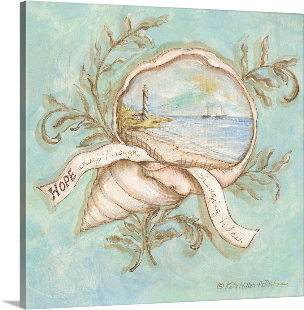 Square painting of a seashell with an ocean landscape, lighthouse, and sailboats painted on the inside and a banner readin...