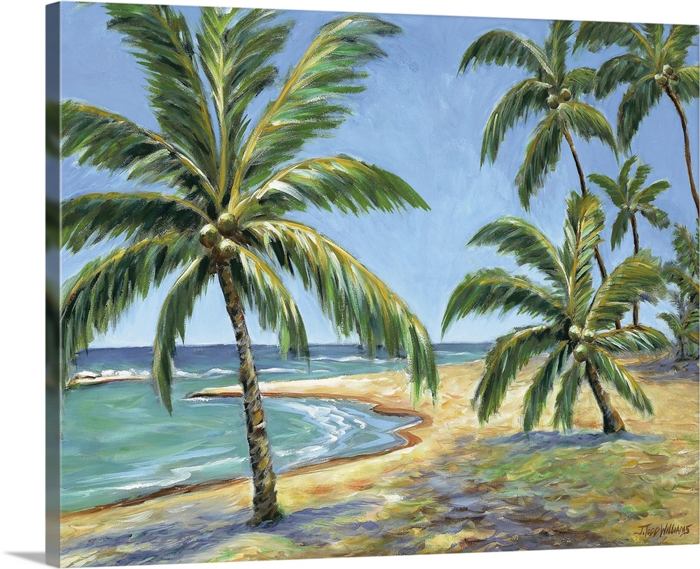 Contemporary painting of large palm trees on a tropical beach.