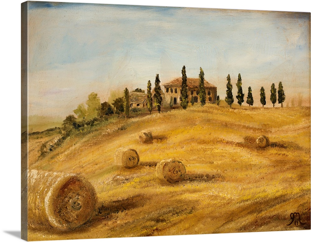 Contemporary landscape painting of a field with hay barrels and a house in the background in Tuscany.