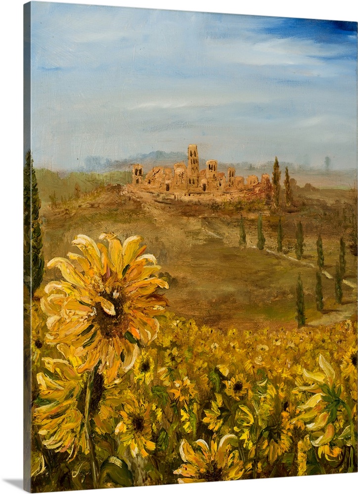 Contemporary landscape painting with sunflowers in the foreground and a Tuscan village in the background.