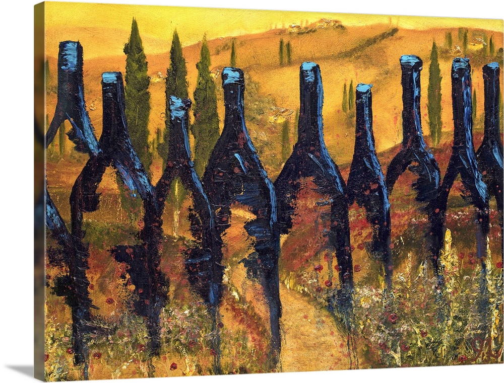 Painting of wine bottles with a Tuscan landscape being shown through them and in the background.