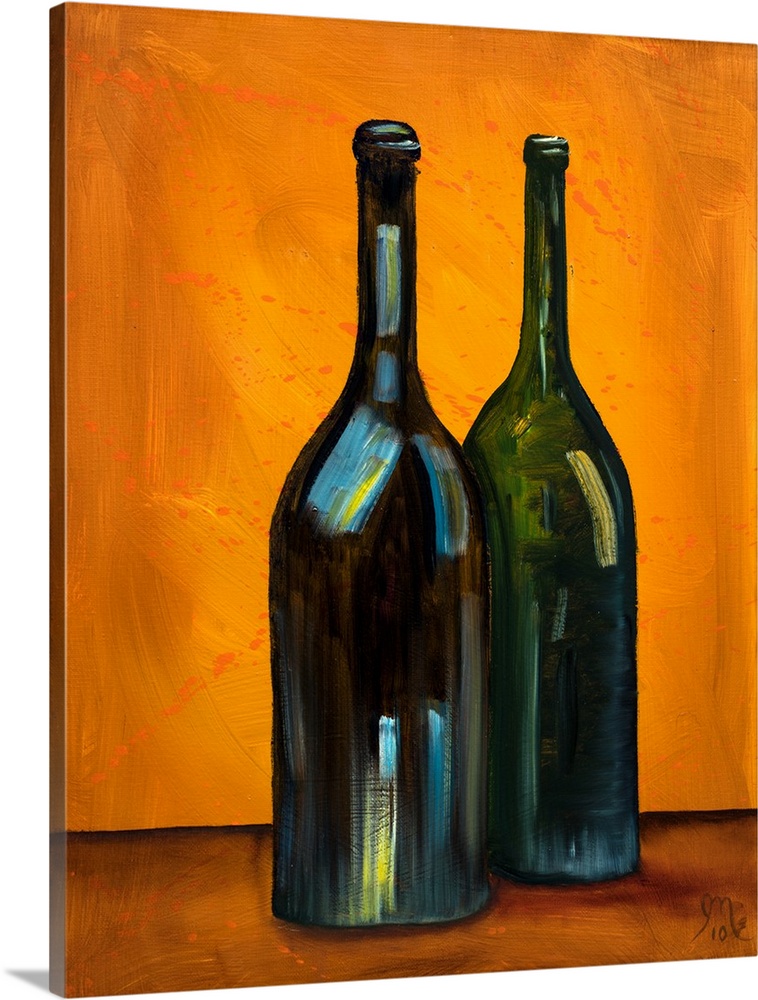 Contemporary painting of two wine bottles on an orange background with a little bit of orange paint splatter.