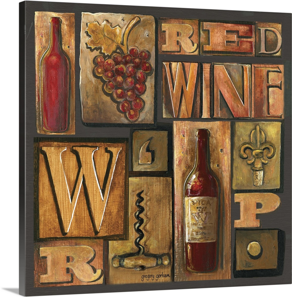 A square decorative panel featuring wine and grape elements, as well as typesetting fonts.
