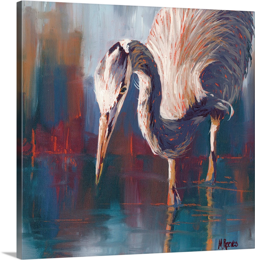 Contemporary painting of a great blue heron stalking fish in the water.