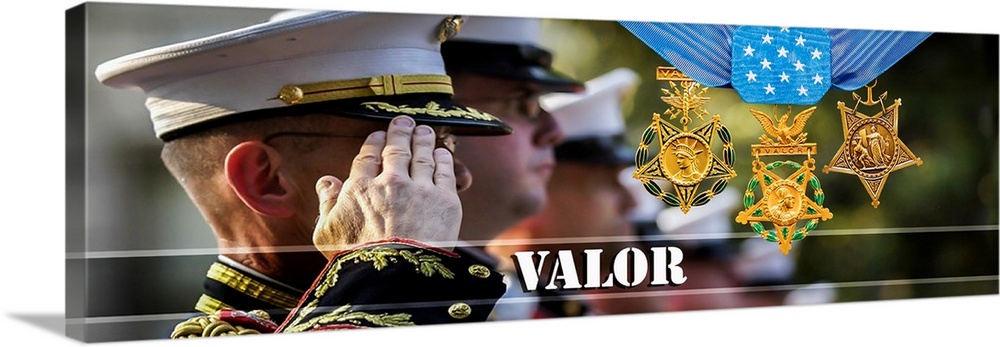 Panoramic photograph of a Marine saluting with three medals on the side and "Valor" written across the bottom in white.