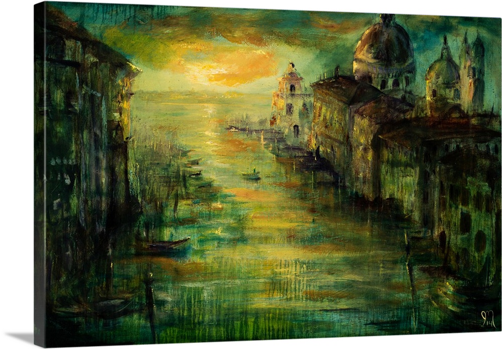 Painting of a village on the water at sunset with one boat coming in.