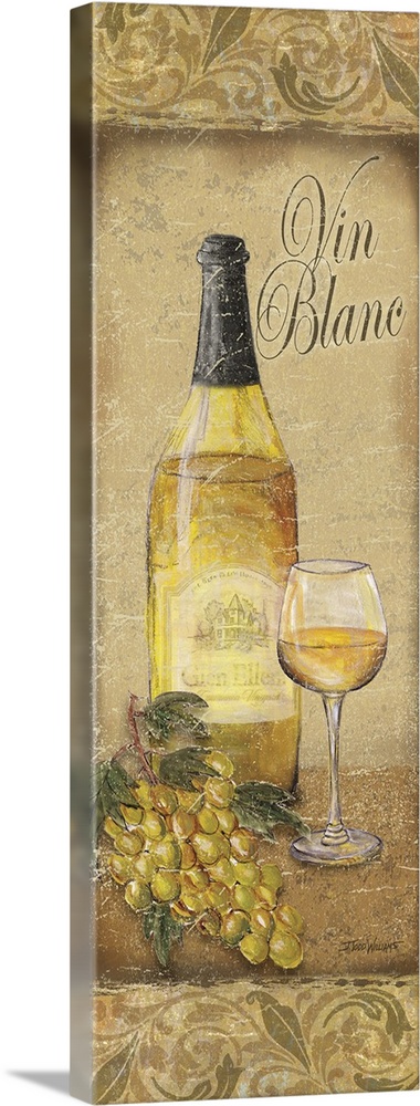 Tall illustration of a wine bottle and a glass of white wine with grapes on the side on a tan background with "Vin Blanc" ...