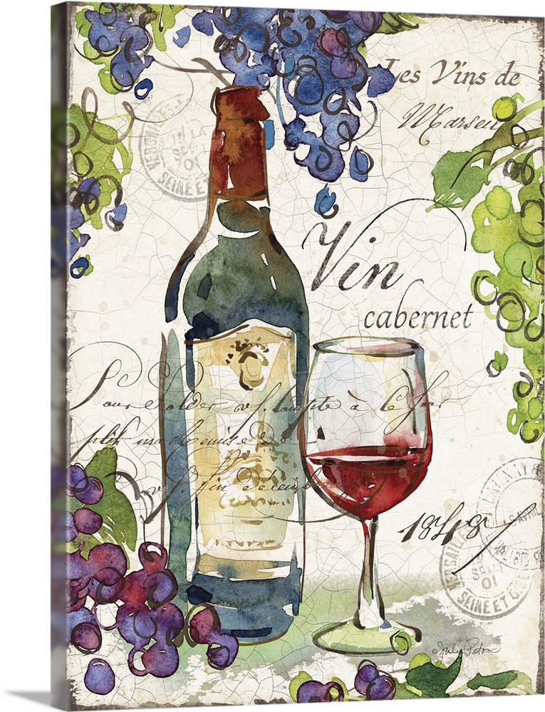 Illustration with red and green grapes framing in a bottle of cabernet and a glass of wine on a cracked white background w...