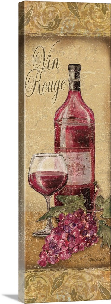 Tall illustration of a wine bottle and a glass of red wine with grapes on the side on a tan background with "Vin Rouge" wr...