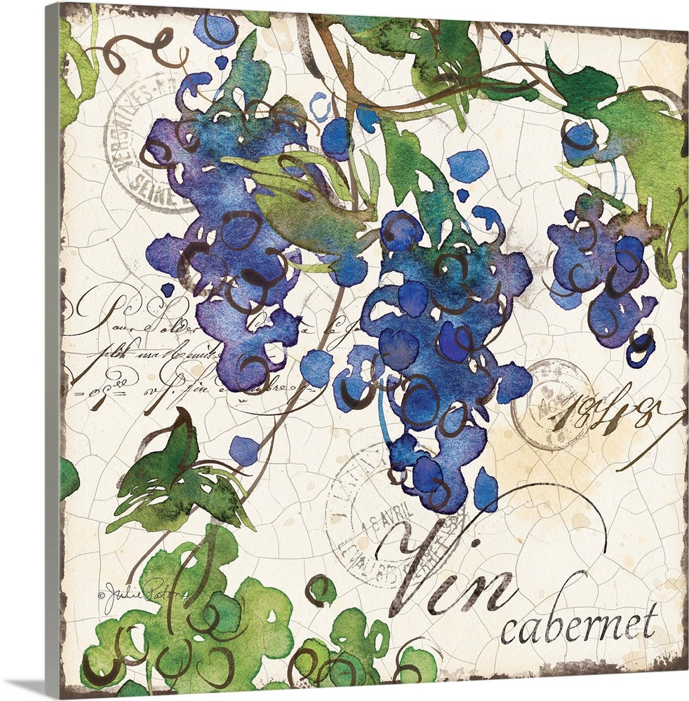 Square wine decor with a watercolor painting of purple and green grapes on a cracked background with with brown Italian text.
