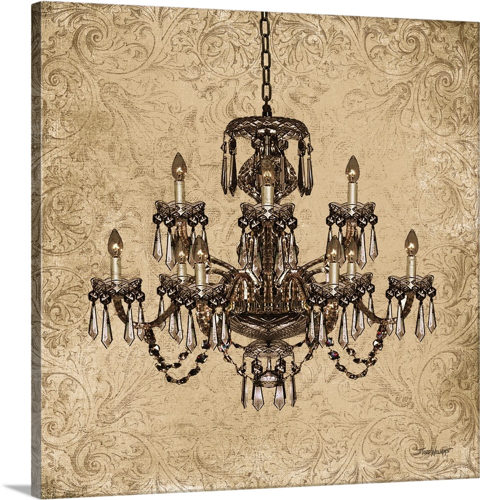 Square decor with an illustration of a beautiful chandelier in gold and neutral tones.