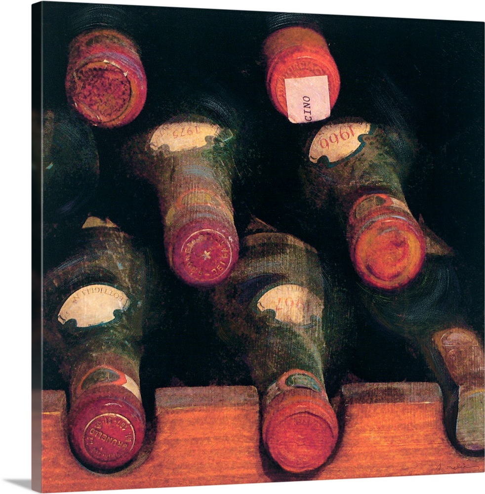 Giant canvas art shows a group of eight wine bottles resting within an underground room for safe storage.
