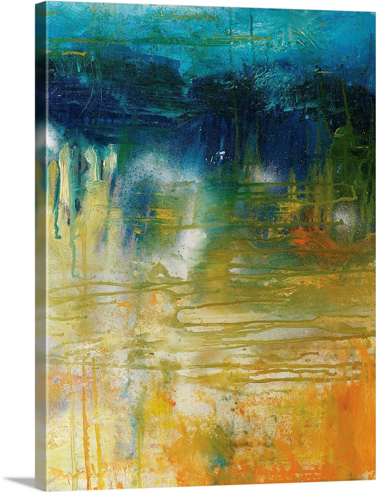 Abstract painting in blue, green, yellow, and orange hues.