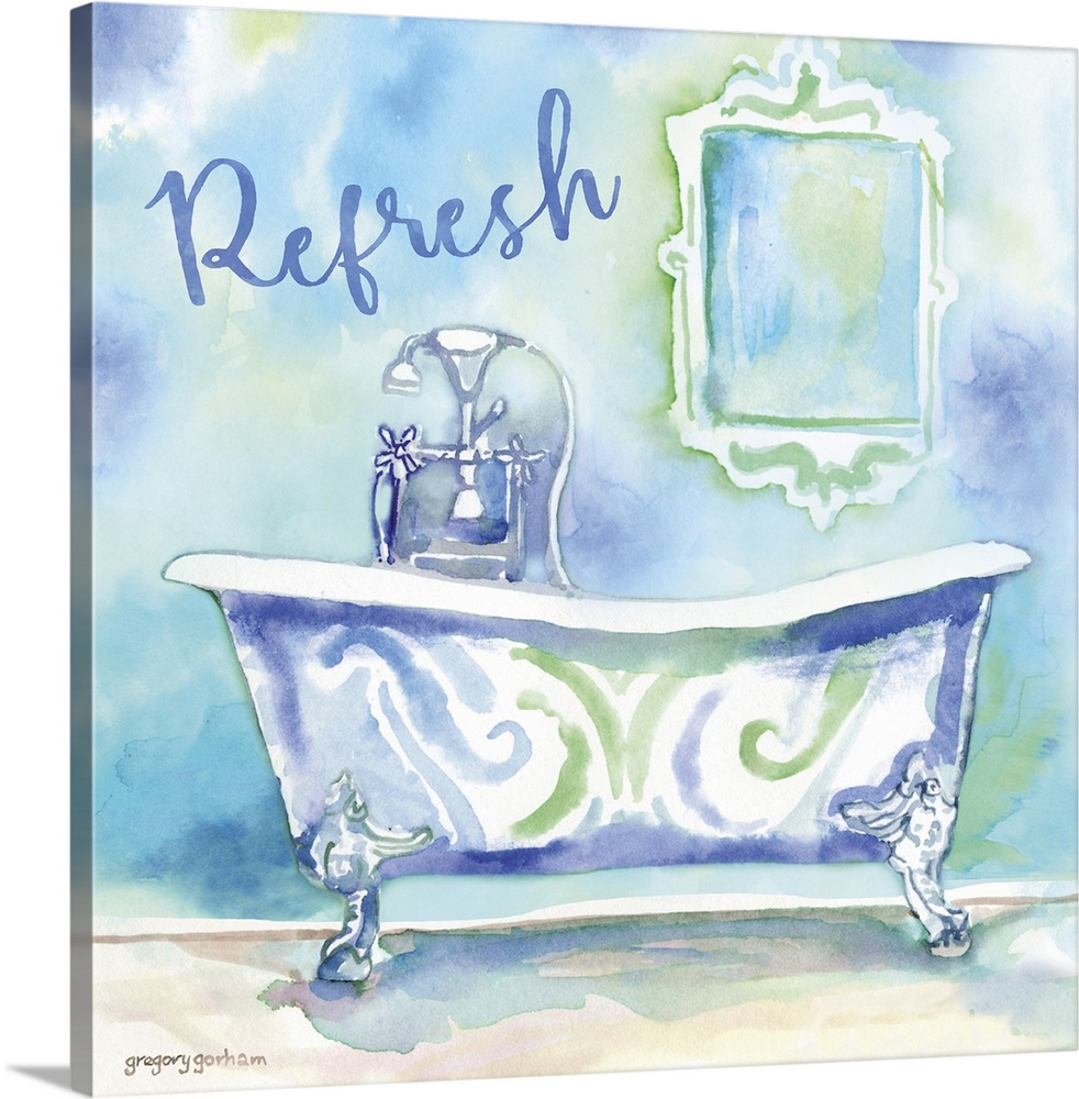 Square bathroom art with a watercolor painting of a clawfoot tub and the word "Refresh" in shades of blue and green.