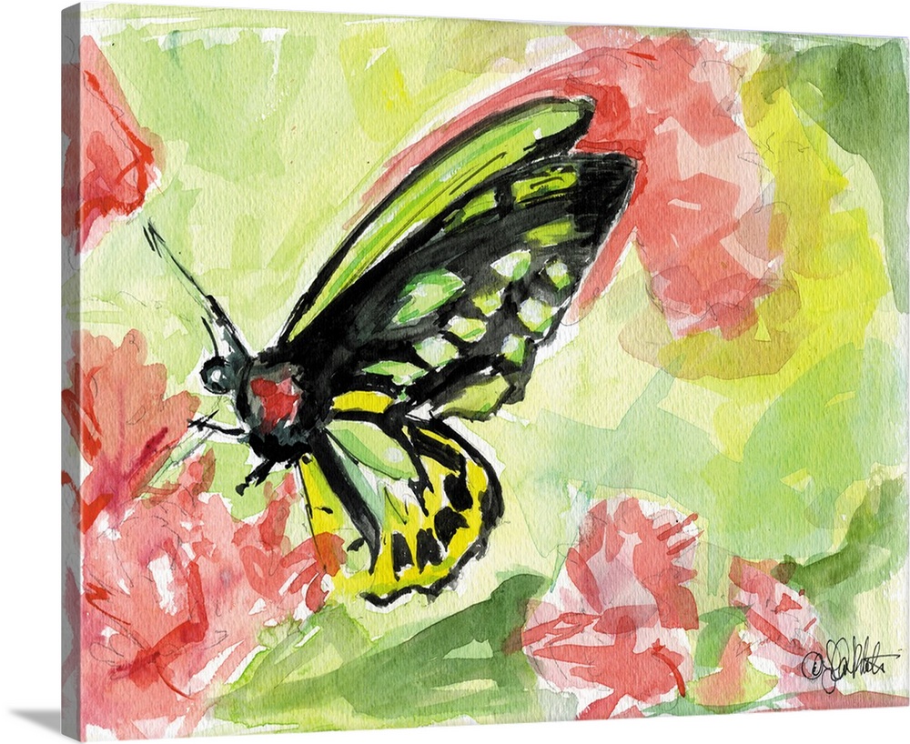Watercolor painting of a green and yellow butterfly surrounded by pink abstract flowers with a background in shades of gre...