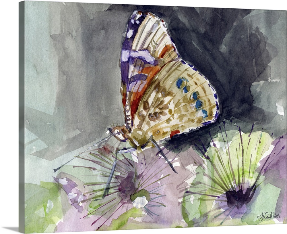 Contemporary watercolor painting of a colorful butterfly with purple and green flowers.