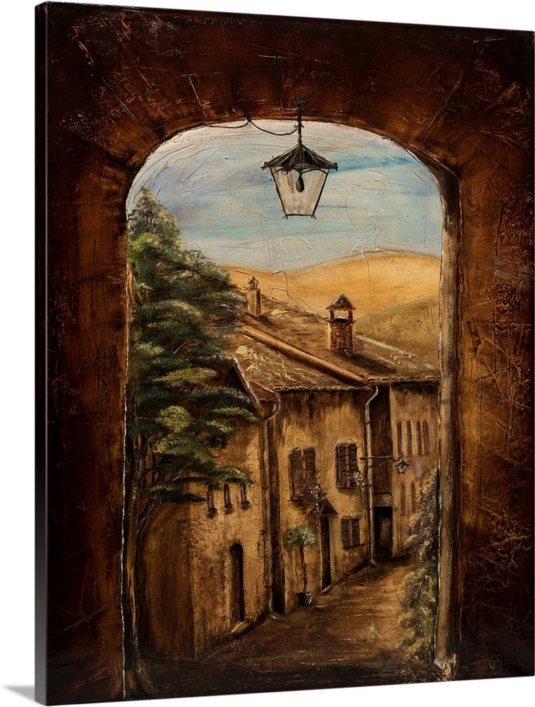 Contemporary painting of an Italian village seen through a window.