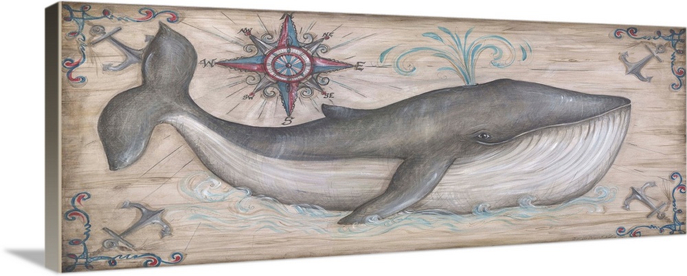 Large painting of a whale spewing water out of its blowhole with a blue and red compass rose above it and decorative ancho...