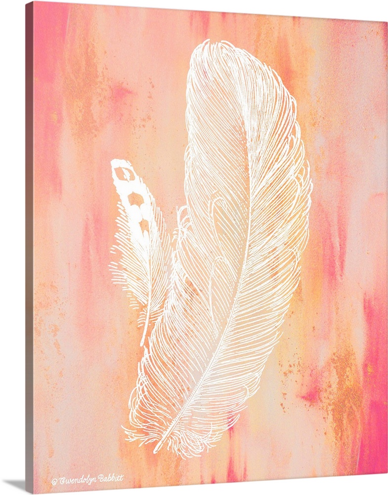 An illustration of a feather in white over a pink background.