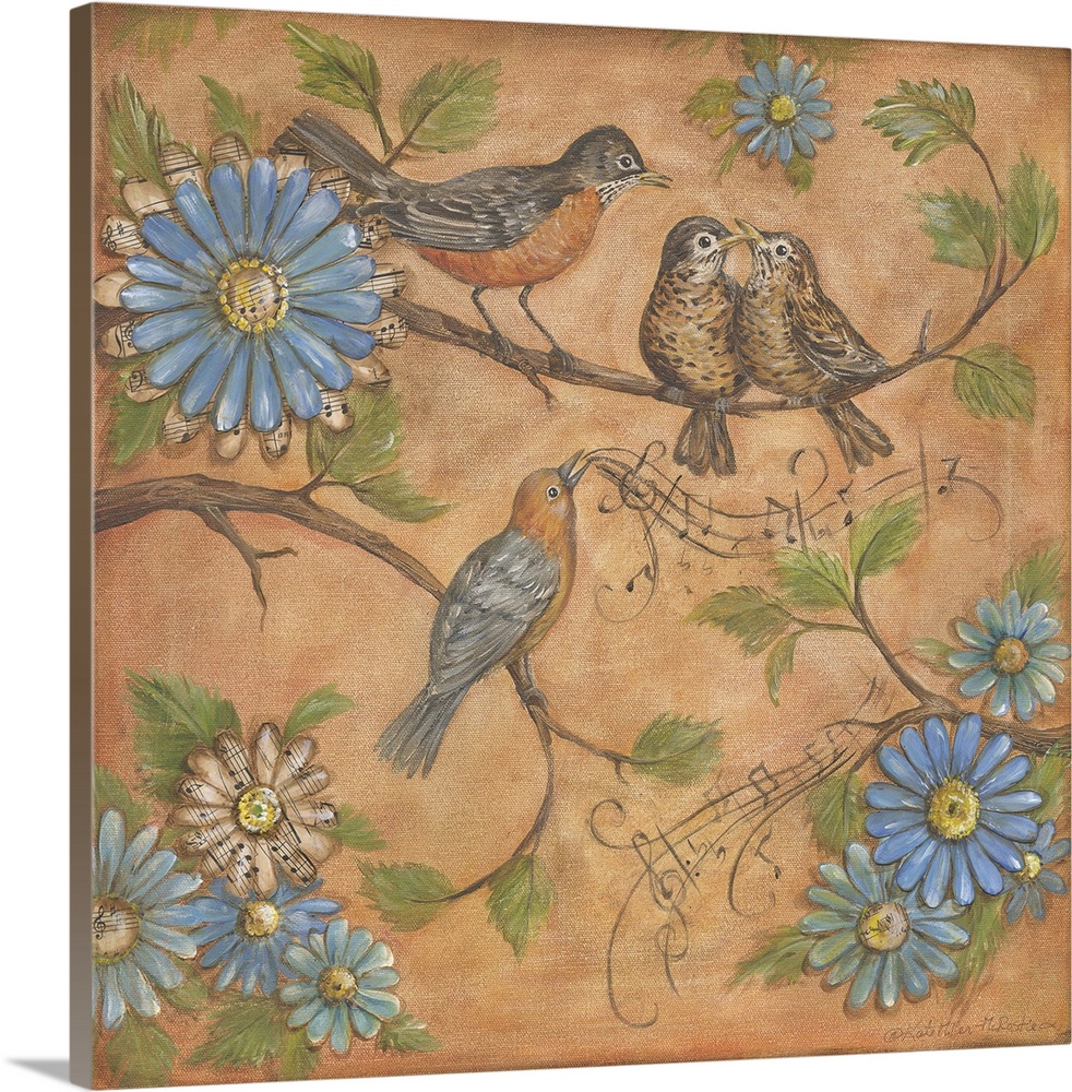 Square painting of four birds perched on branches singing and surrounded by blue flowers and  flowers made of sheet music ...