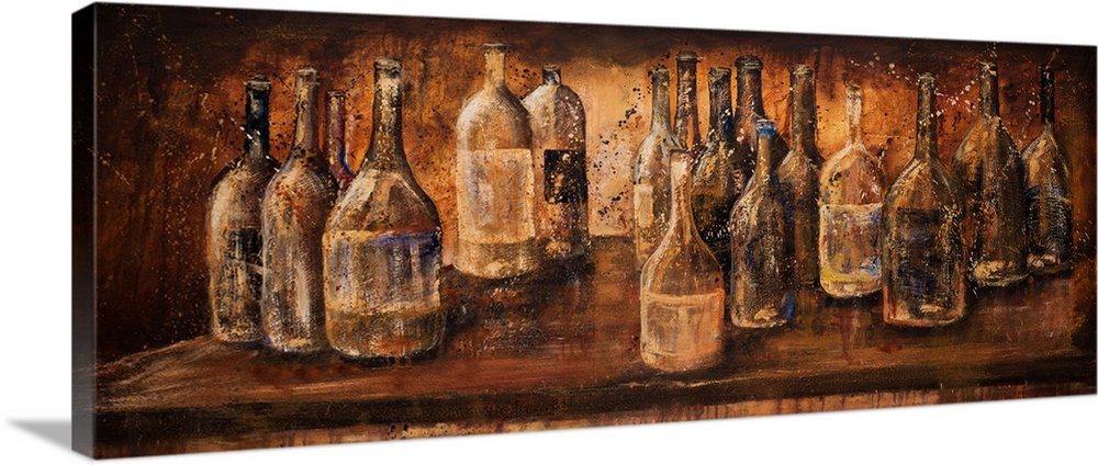 Wide painting of wine bottles on a shelf in a cellar with paint splatter on top.
