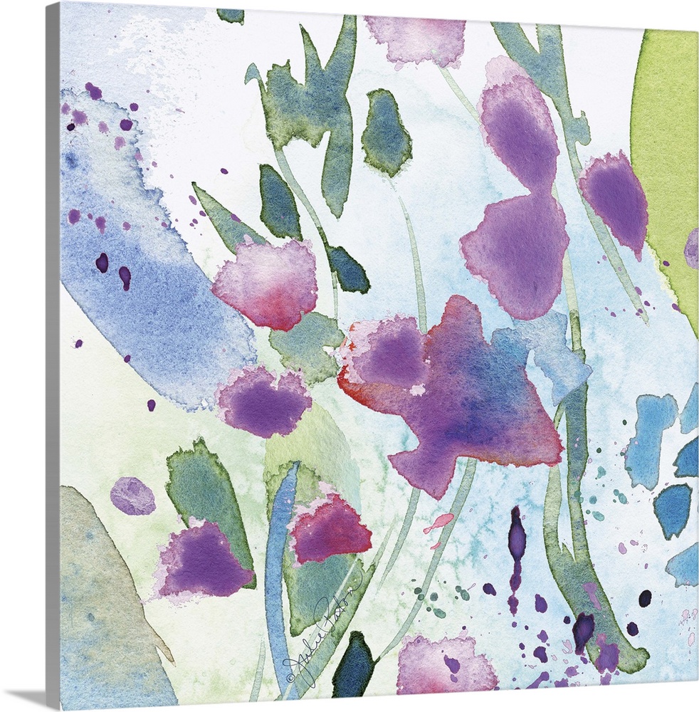 Square abstract floral watercolor painting in cool tones of blue, green, and purple.