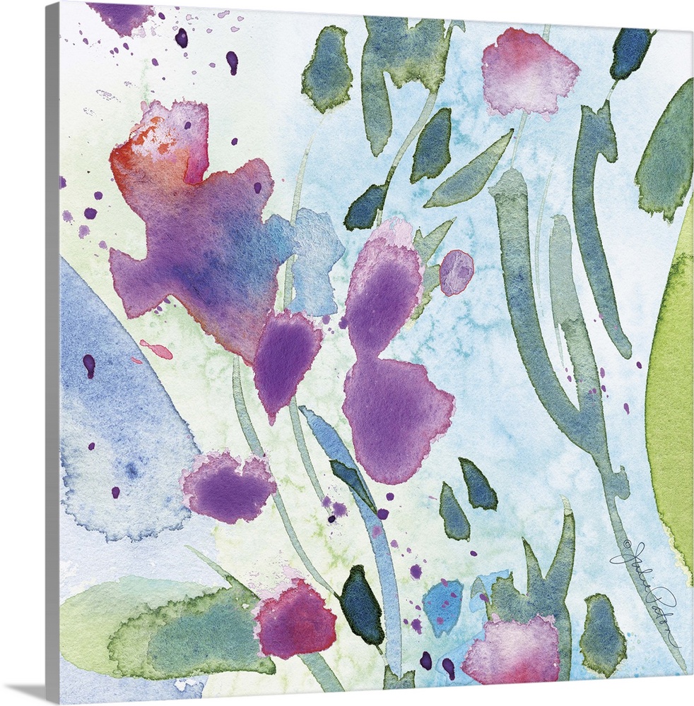 Square abstract floral watercolor painting in cool tones of blue, green, and purple.