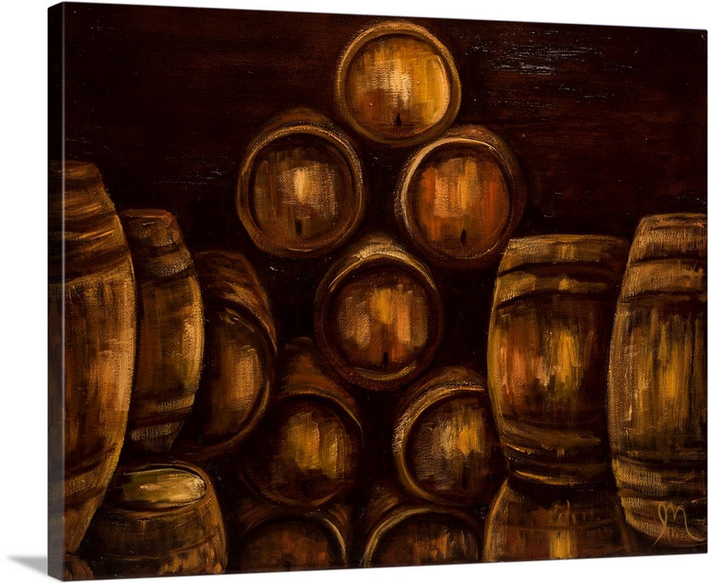 Contemporary painting of wooden wine barrels stacked up in warm dark tones.
