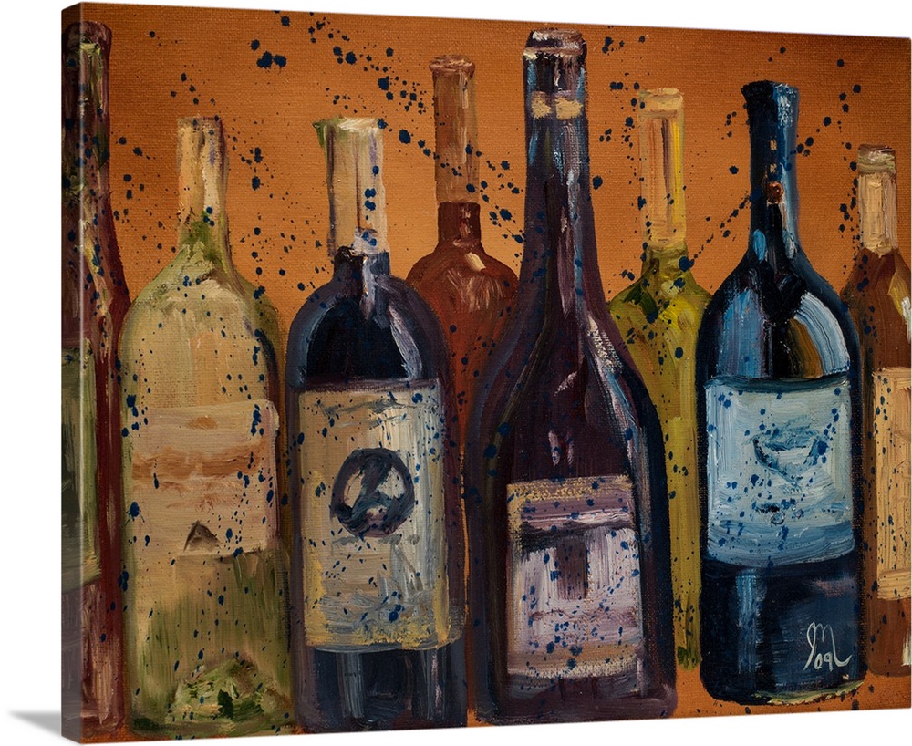 Contemporary painting of red and white wine bottles on an orange background with a blue paint splatter overlay.