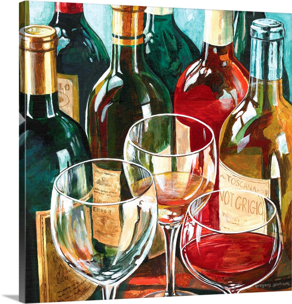 Contemporary painting of several wine bottles and three wine glasses.