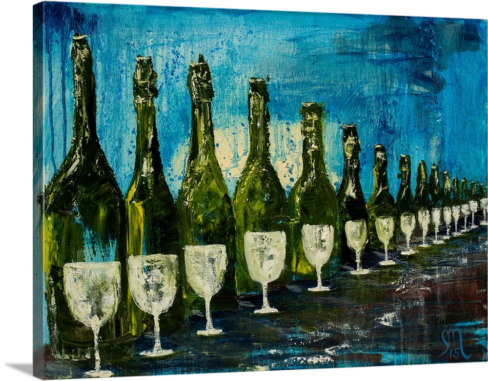 Painting of green wine bottles with white wine glasses in front of each bottle in a long row with a blue background.