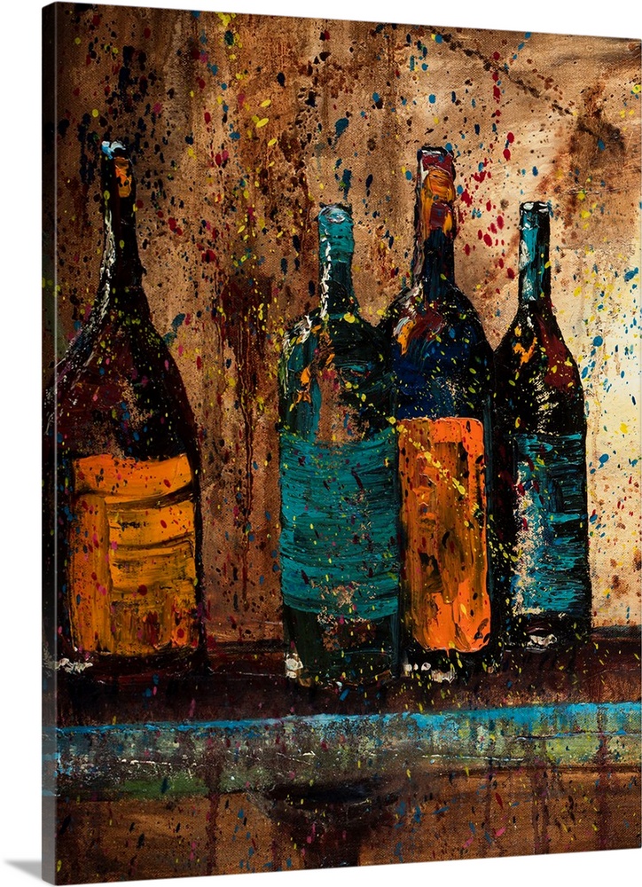 Painting of wine bottles with blue and orange labels on a shelf with a neutral colored background covered in colorful pain...