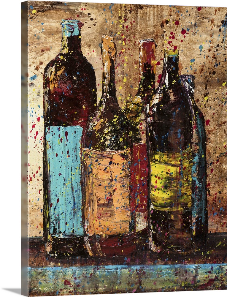 Painting of wine bottles with brightly colored labels on a shelf with a neutral colored background covered in colorful pai...