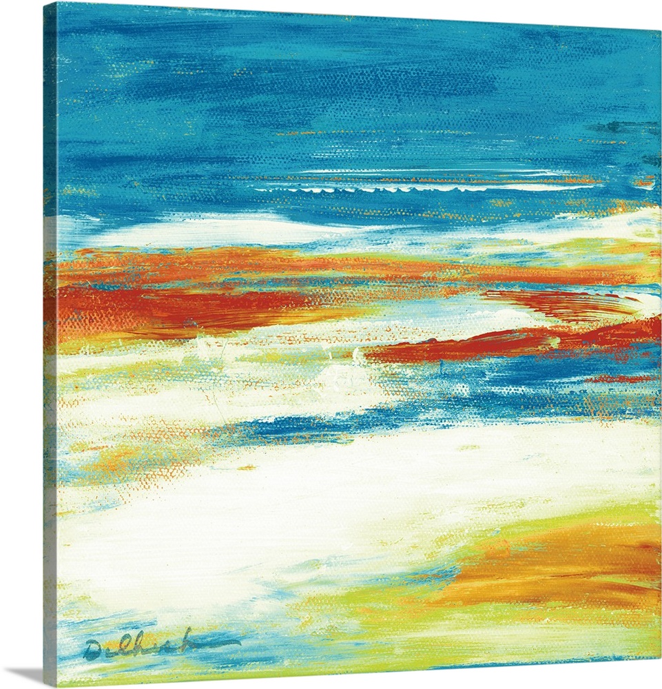 Square abstract painting in shades of red, blue, yellow, and bright whites resembling a Winter landscape.