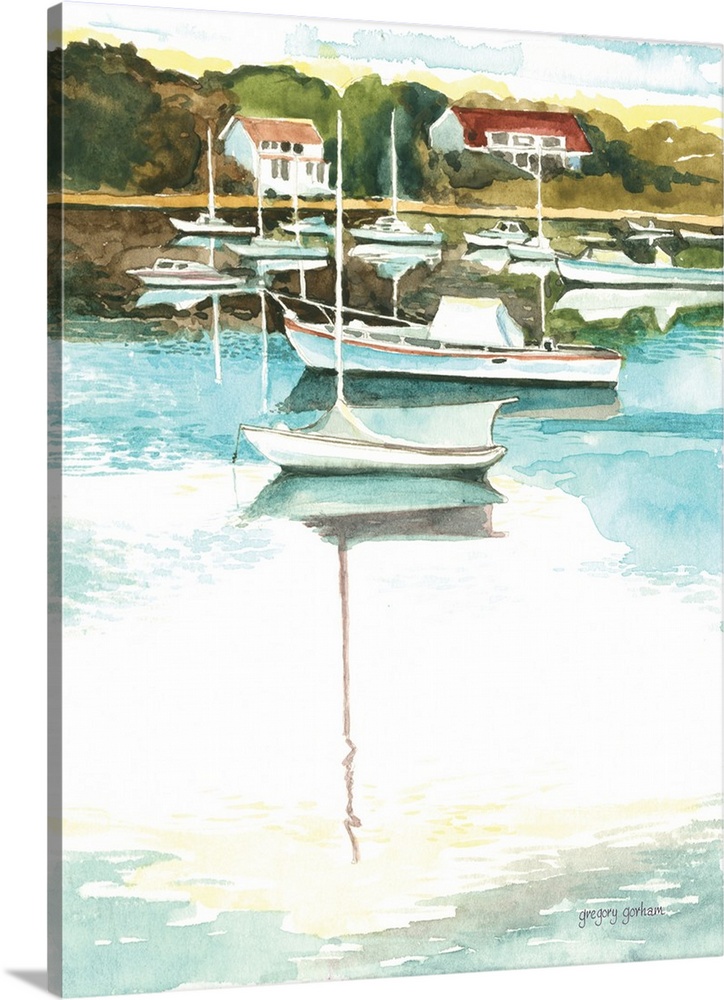 Contemporary watercolor painting of Wychmere Harbor with several boats anchored in the water.