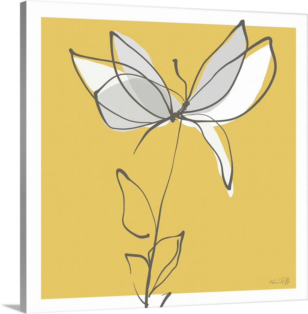 Square abstract illustration of a white and gray flower on a yellow background with a white boarder.